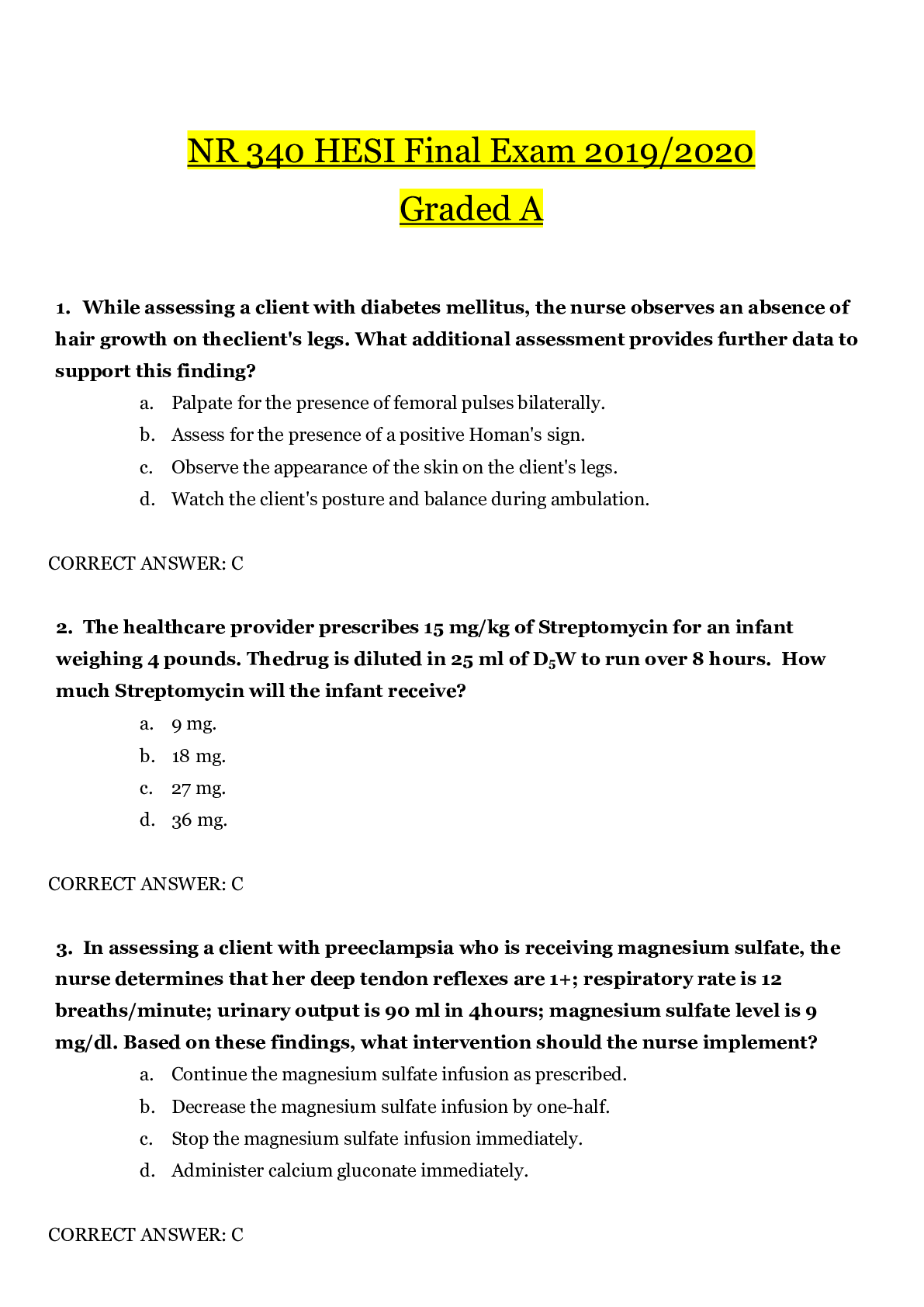 Preview image for NR 340 HESI Final Exam 2019/2020_Graded A | NR340 HESI Final Exam 2019/2020